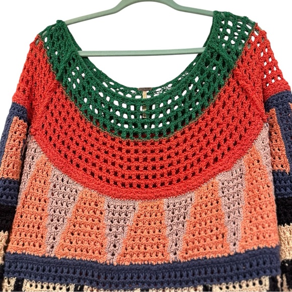 Free People Crochet Colorblock Open-Knit Sweater in Green, Red, Peach, Black - Picture 5 of 8